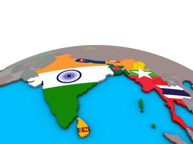 Bimstec üye devletlerin siyasi 3d dünya üzerinde katıştırılmış ülke bayrakları ile. 3D çizim.