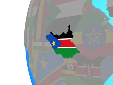 Güney Sudan katıştırılmış ulusal bayrak mavi siyasi dünya üzerinde. 3D çizim.