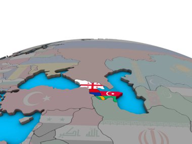 Kafkasya'da siyasi 3d dünya üzerinde katıştırılmış ülke bayrakları ile. 3D çizim.