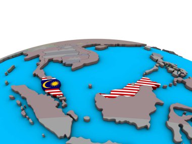 Malezya siyasi 3d dünya üzerinde katıştırılmış ulusal bayrak ile. 3D çizim.