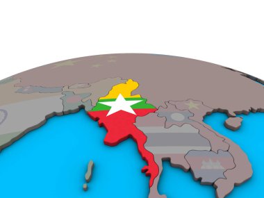 Myanmar siyasi 3d dünya üzerinde katıştırılmış ulusal bayrak ile. 3D çizim.