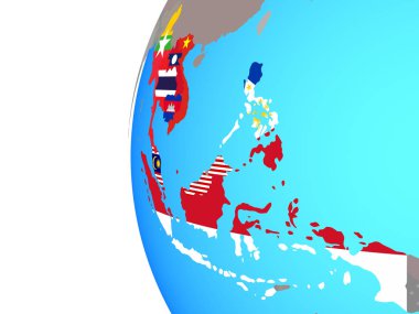 ASEAN ülkeleri mavi siyasi dünya üzerinde katıştırılmış ülke bayrakları ile. 3D çizim.