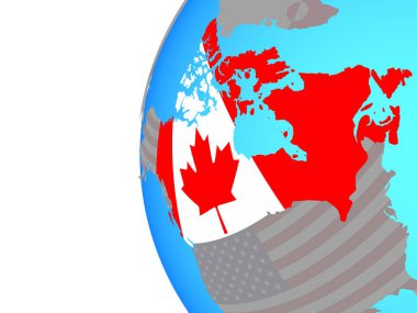 Mavi siyasi dünya üzerinde katıştırılmış ulusal bayrak ile Kanada. 3D çizim.
