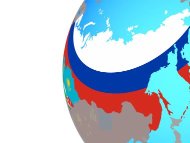 Eski Sovyetler Birliği mavi siyasi dünya üzerinde katıştırılmış ülke bayrakları ile. 3D çizim.