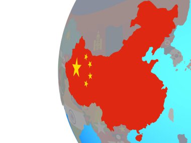 Çin ile katıştırılmış ulusal bayrak mavi siyasi dünya üzerinde. 3D çizim.