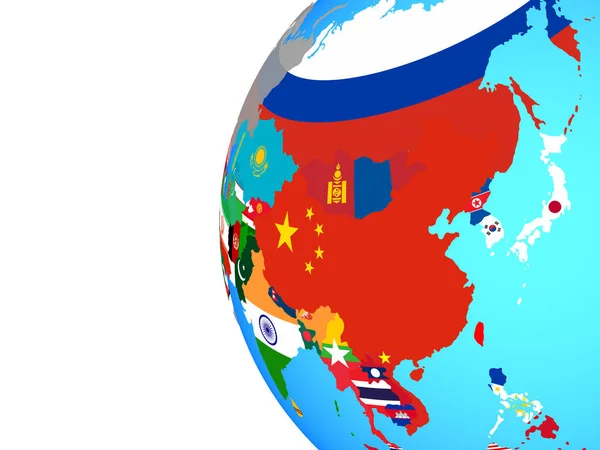 Asien Mit Eingebetteten Nationalflaggen Auf Blauem Politischen Globus Illustration — Stockfoto