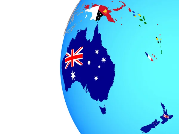 Australia Con Bandiere Nazionali Incorporate Sul Globo Politico Blu Illustrazione — Foto Stock