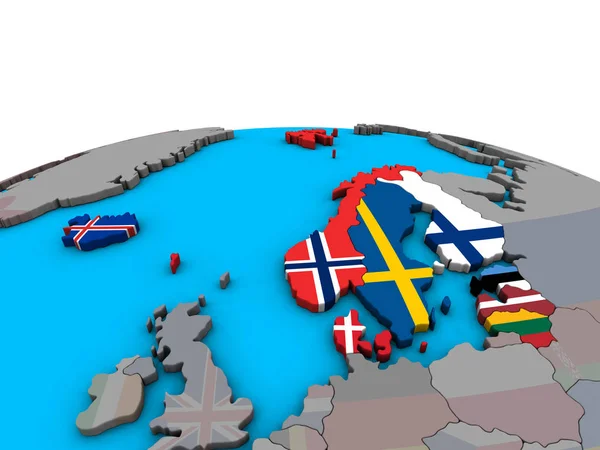 Північна Європа Вбудованих Національні Прапори Політичні Моделі Землі Ілюстрація — стокове фото