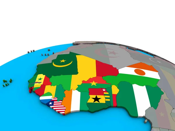 África Ocidental Com Bandeiras Nacionais Embutidas Globo Político Ilustração — Fotografia de Stock