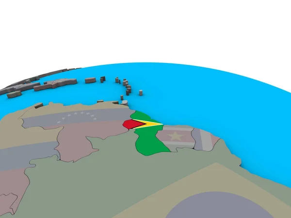 圭亚那在政治3D 地球上嵌入国旗 — 图库照片