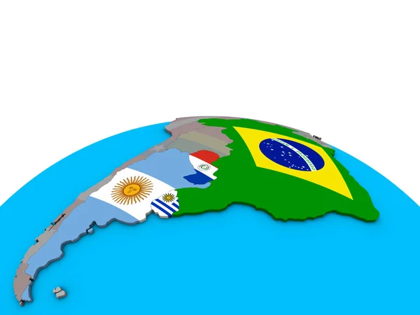 Mercosur Memebers Ενσωματωμένο Εθνικές Σημαίες Πολιτικό Τρισδιάστατη Υδρόγειο Απεικόνιση — Φωτογραφία Αρχείου