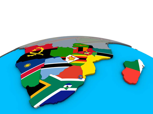 Southern Africa with embedded national flags on political 3D globe. 3D illustration.