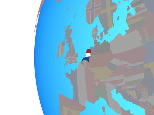 Mavi Siyasi Dünya Üzerinde Katıştırılmış Ulusal Bayrak Ile Hollanda Çizim — Stok fotoğraf