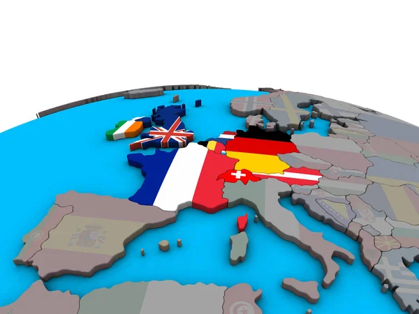Nyugat Európa Politikai Földgömböt Beágyazott Nemzeti Zászlókkal Illusztráció — Stock Fotó