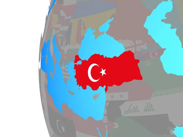 土耳其在蓝色的政治世界上镶嵌国旗 — 图库照片