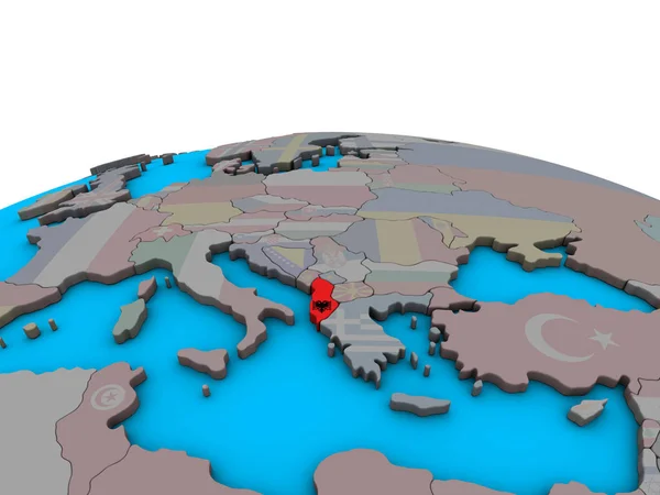 阿尔巴尼亚在政治3D 地球上嵌入国旗 — 图库照片