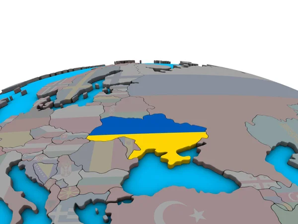 乌克兰在政治3D 地球上嵌入国旗 — 图库照片
