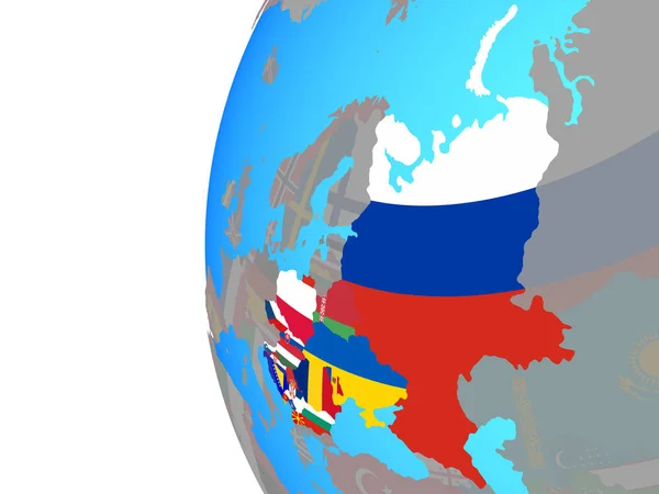东欧在蓝色的政治地球上嵌入国旗 — 图库照片