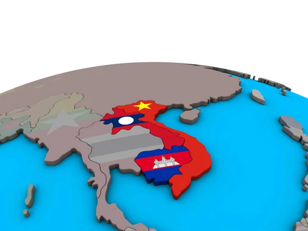 Индокитай Встроенными Национальными Флагами Политическом Глобусе Иллюстрация — стоковое фото