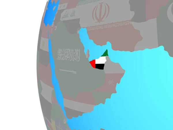 Emirados Árabes Unidos Com Bandeira Nacional Embutida Globo Político Azul — Fotografia de Stock