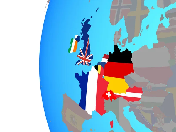Europy Zachodniej Osadzonych Flagi Narodowe Niebieski Globus Polityczny Ilustracja — Zdjęcie stockowe