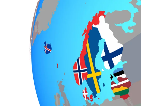 北欧国家国旗在蓝色的政治地球上 — 图库照片