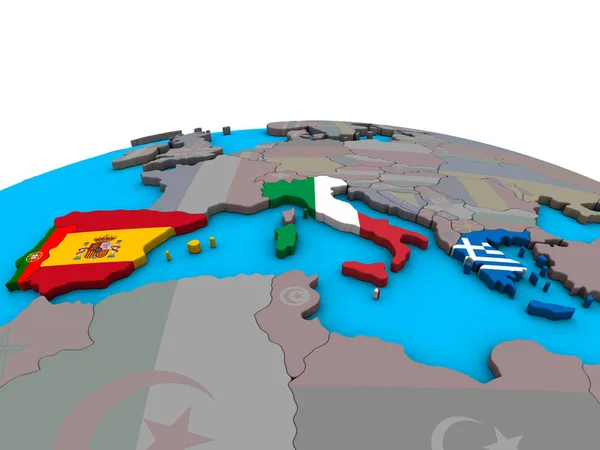 Südeuropa Mit Eingebetteten Nationalflaggen Auf Politischen Globus Illustration — Stockfoto