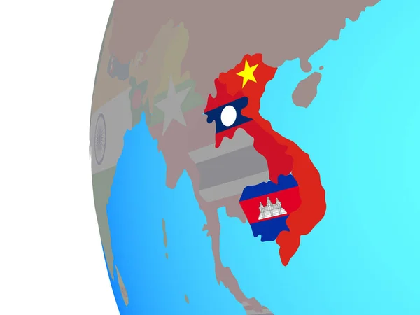 Indochina Con Banderas Nacionales Incrustadas Globo Político Azul Ilustración —  Fotos de Stock