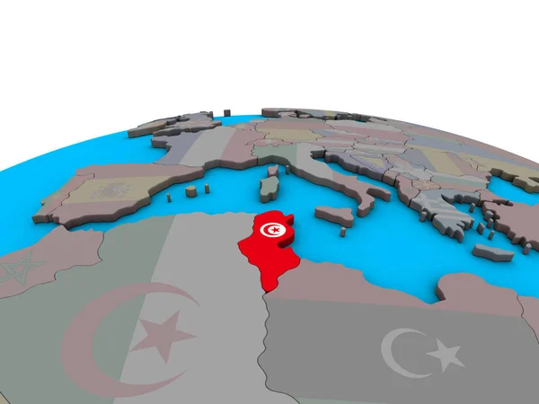 突尼斯在政治3D 地球上嵌入国旗 — 图库照片