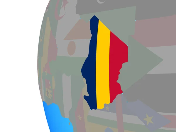 Chad Ile Katıştırılmış Ulusal Bayrak Mavi Siyasi Dünya Üzerinde Çizim — Stok fotoğraf