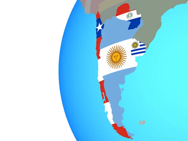 Cono Sur Con Banderas Nacionales Incrustadas Globo Político Azul Ilustración — Foto de Stock