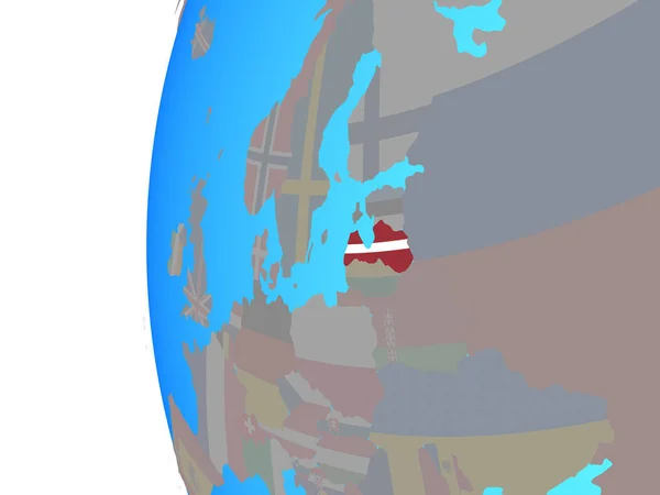 Lotyšsko Vloženými Státní Vlajka Modré Politické Globe Obrázek — Stock fotografie