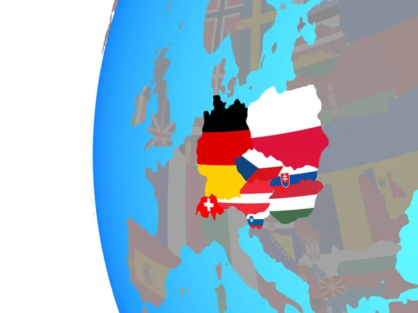中欧在蓝色政治地球仪上嵌入国旗 — 图库照片
