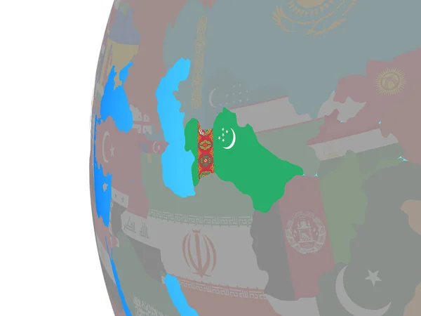 土库曼斯坦在蓝色的政治地球上嵌入了国旗 — 图库照片