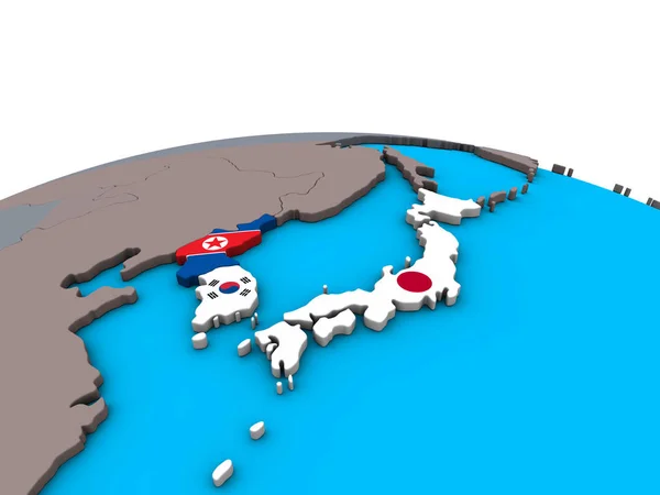 Japan Korea Met Ingesloten Nationale Vlaggen Politieke Globe Illustratie — Stockfoto