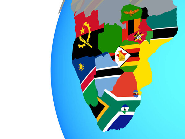 Southern Africa with embedded national flags on blue political globe. 3D illustration.