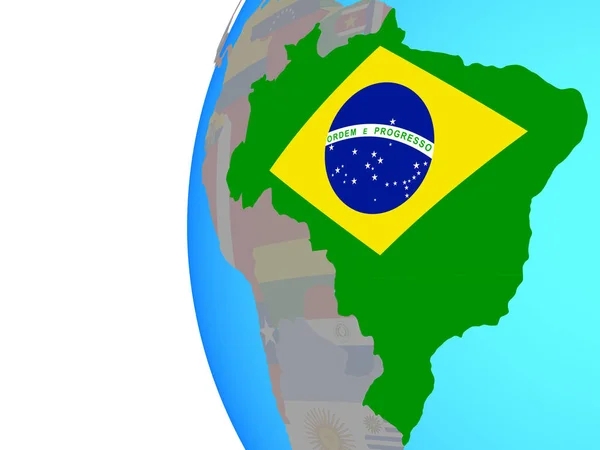 Бразилия Встроенным Национальным Флагом Голубом Политическом Глобусе Иллюстрация — стоковое фото