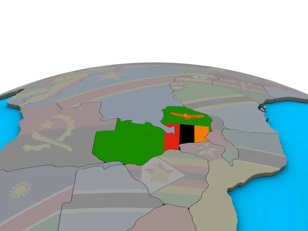 赞比亚在政治3D 地球上嵌入国旗 — 图库照片