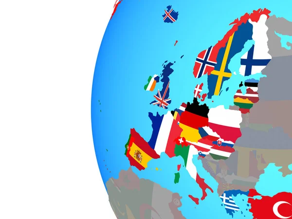 Mavi siyasi dünya üzerinde katıştırılmış ülke bayrakları ile OECD Avrupa ülkeleri. 3D çizim.