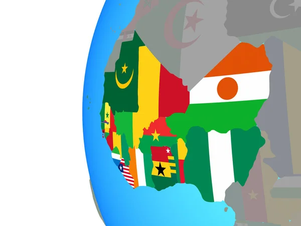 West Afrika Met Ingesloten Nationale Vlaggen Blauwe Politieke Wereldbol Illustratie — Stockfoto