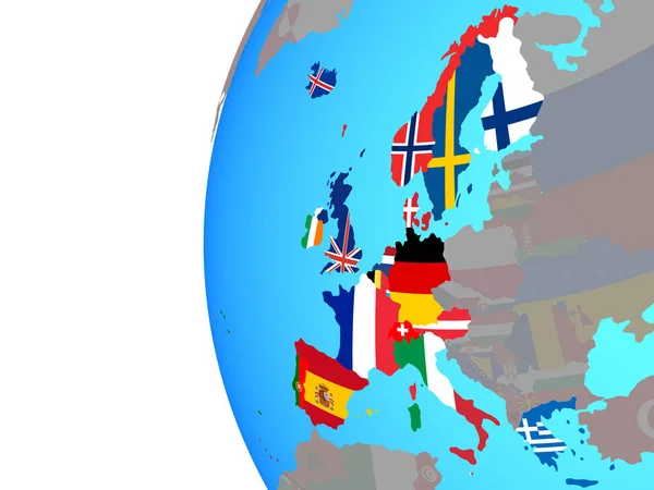 Westeuropa Mit Eingebetteten Nationalflaggen Auf Blauem Politischen Globus Illustration — Stockfoto
