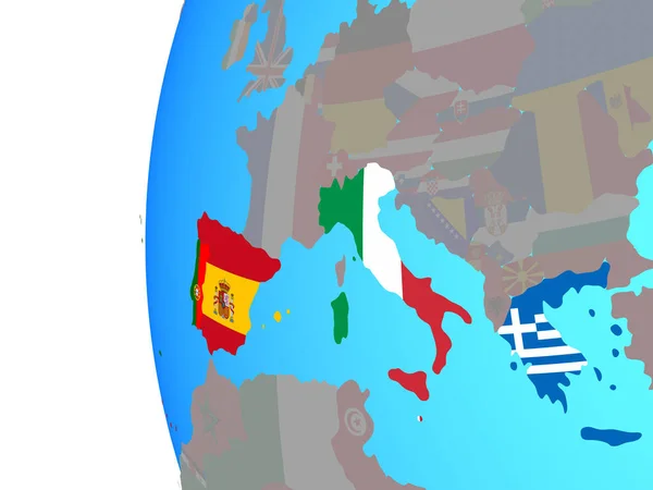 Southern Europe Embedded National Flags Blue Political Globe Illustration — Stock Photo, Image