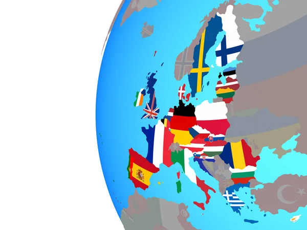 Europese Unie Met Ingesloten Nationale Vlaggen Blauwe Politieke Wereldbol Illustratie — Stockfoto