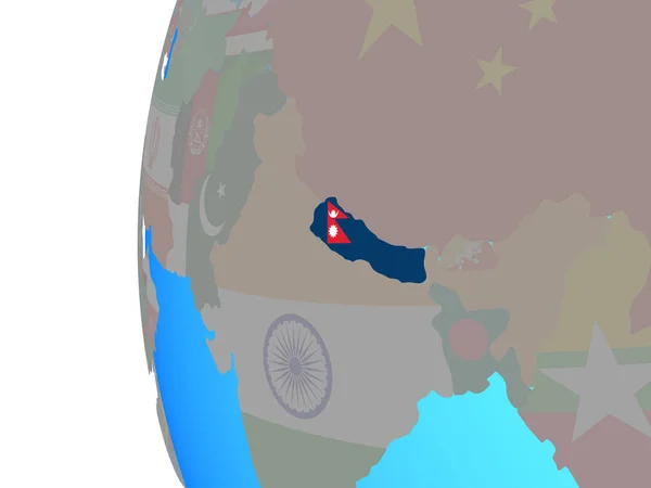 Nepál Vloženými Státní Vlajka Modré Politické Globe Obrázek — Stock fotografie