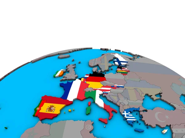 欧元区成员国在政治3D 地球上嵌入了国旗 — 图库照片