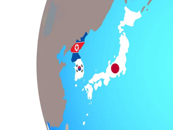 Japón Corea Con Banderas Nacionales Incrustadas Globo Político Azul Ilustración — Foto de Stock