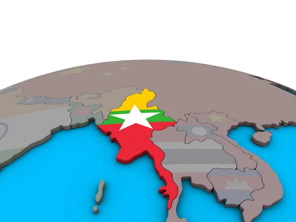 ミャンマー政治の 地球儀上の埋め込まれた国旗 イラストレーション — ストック写真