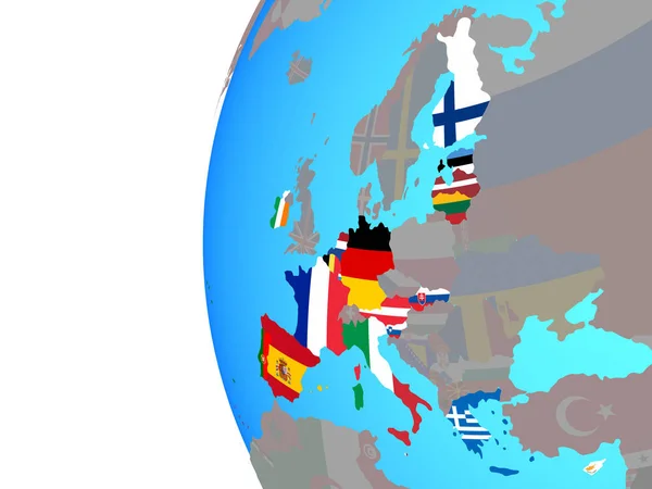欧元区成员国在蓝色政治世界上嵌入了国旗 — 图库照片
