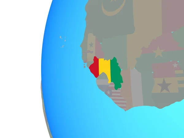 几内亚与嵌入的国旗在蓝色政治地球上 — 图库照片