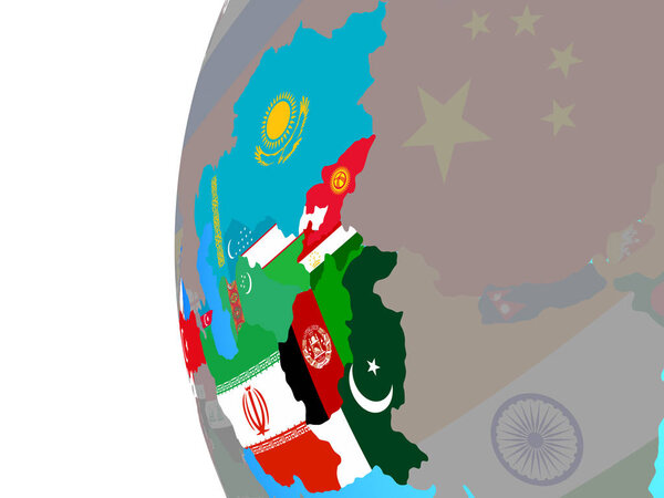 ECO member states with embedded national flags on blue political globe. 3D illustration.